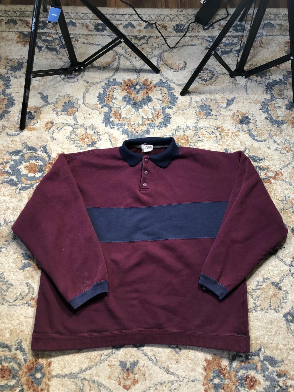 Vintage Hanes Shirt Mens Extra Large Maroon Navy Rugby Long Sleeve Made USA 90s